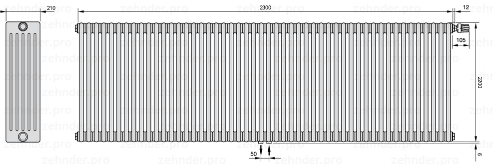 Схема (чертеж) Радиатор Zehnder Charleston 6220/50 №V008 Белый глянцевый RAL 9016